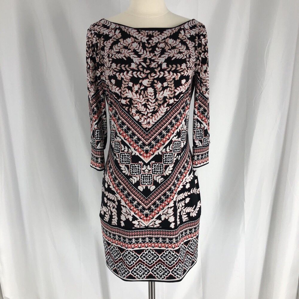 White House Black Market Floral Shift Dress Small Black Red White 3/4 Sleeve